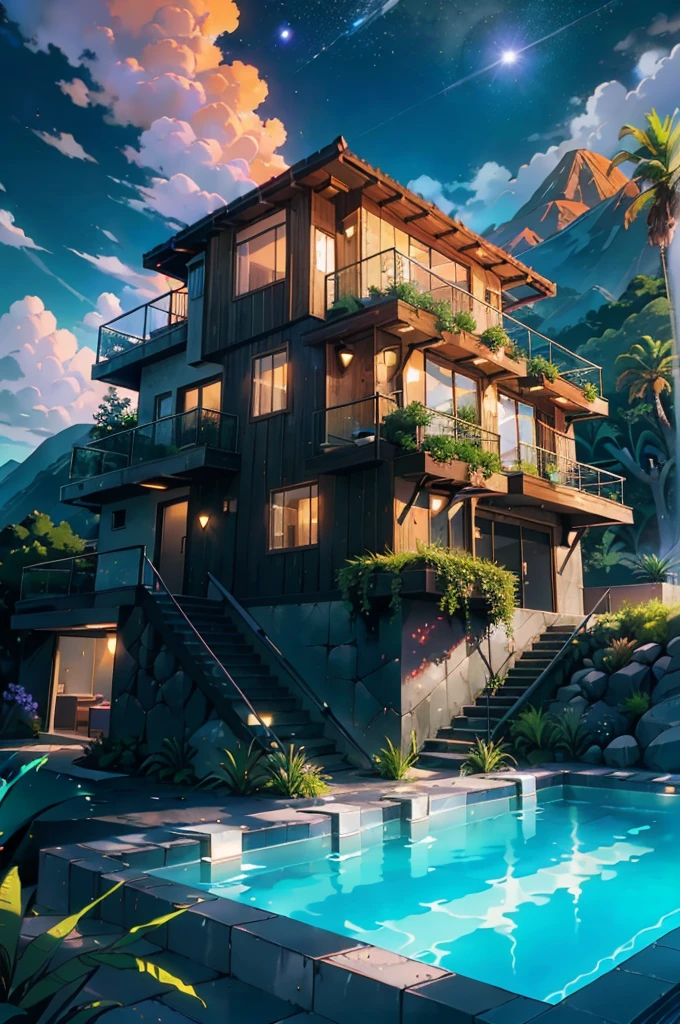 small and beautiful modern house in top of big boulders, terraces, pool, stairs, multiple cacti gardens, palms, trees, rocks, beautiful landscape design, mountains and volcano y background, amazing clouds, sun, moon, planets, milky way galaxy, concrete, wood, glass and steel materials, olive green, violet, orange and withe colors in facade