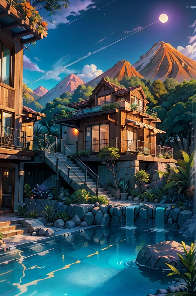 small and beautiful modern house in top of big boulders, terraces, pool, stairs, multiple cacti gardens, palms, trees, rocks, beautiful landscape design, mountains and volcano y background, amazing clouds, sun, moon, planets, milky way galaxy, concrete, wood, glass and steel materials, olive green, violet, orange and withe colors in facade