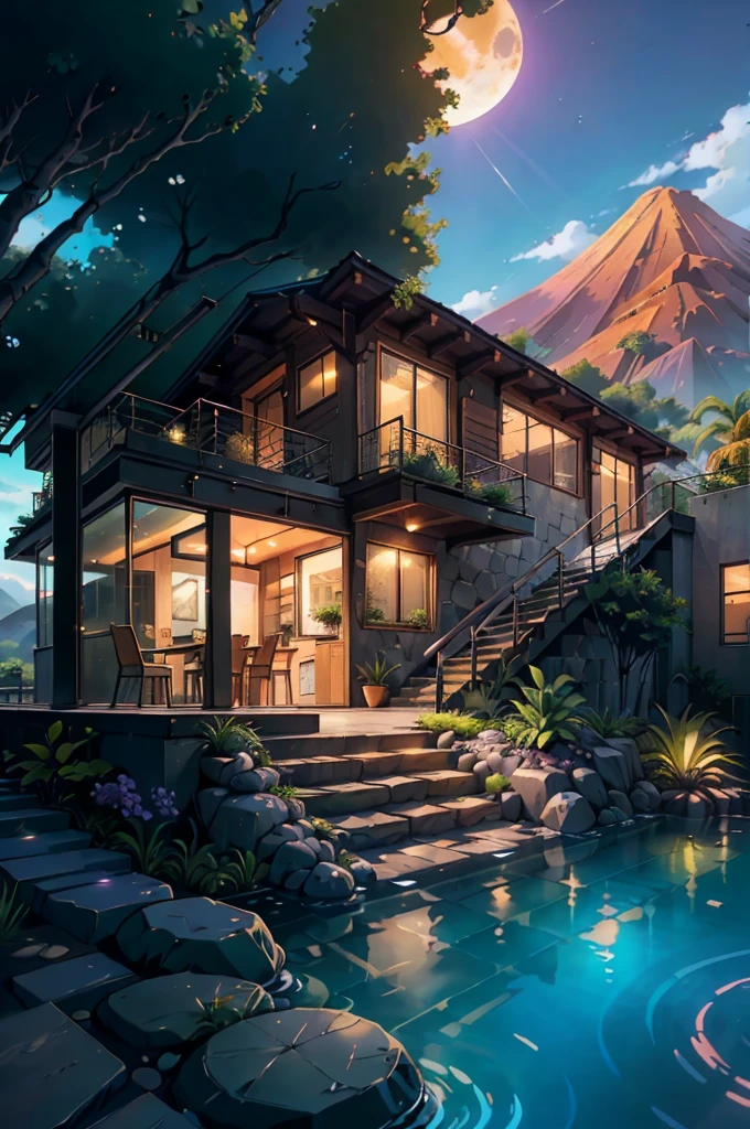 small and beautiful modern house in top of big boulders, terraces, pool, stairs, multiple cacti gardens, palms, trees, rocks, beautiful landscape design, mountains and volcano y background, amazing clouds, sun, moon, planets, milky way galaxy, concrete, wood, glass and steel materials, olive green, violet, orange and withe colors in facade