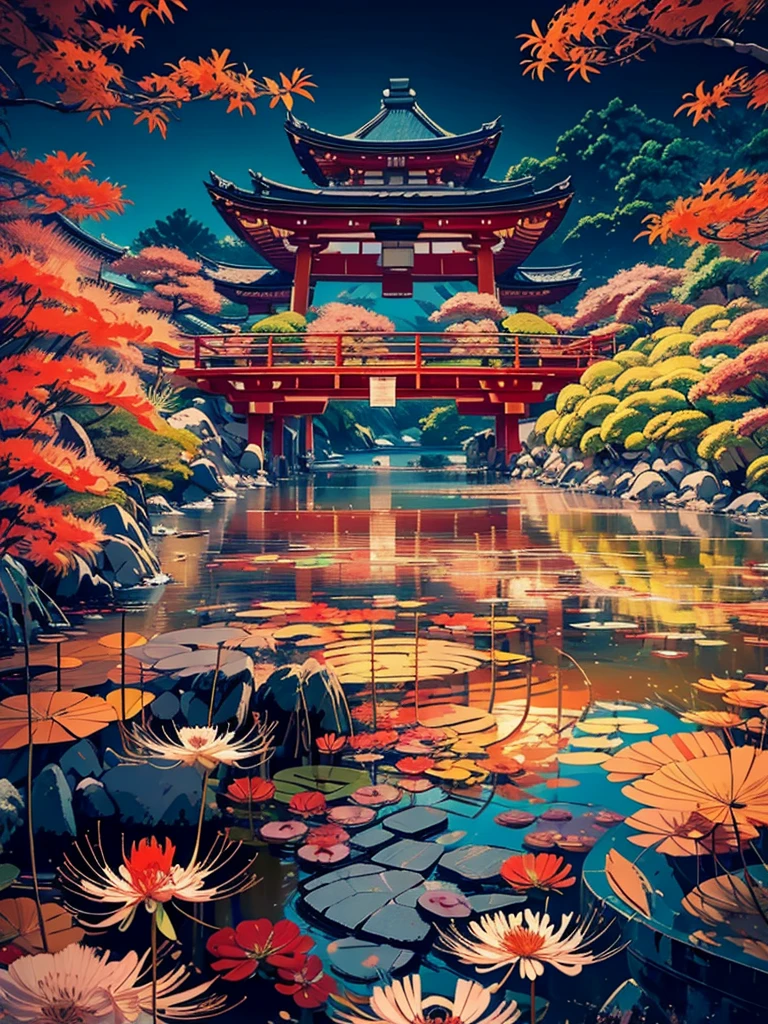 (digitalpainting),(best qualityer), serene japanese garden, spider lily flowers in full bloom, koi pond, footbridge, pagoda, Ukiyo-e art style, Hokusai Inspiration, Deviant Art popular, ultra-realistic 8k, pastel color scheme, soft lighting, golden hour time, atmosfera tranquila, Landscape orientation