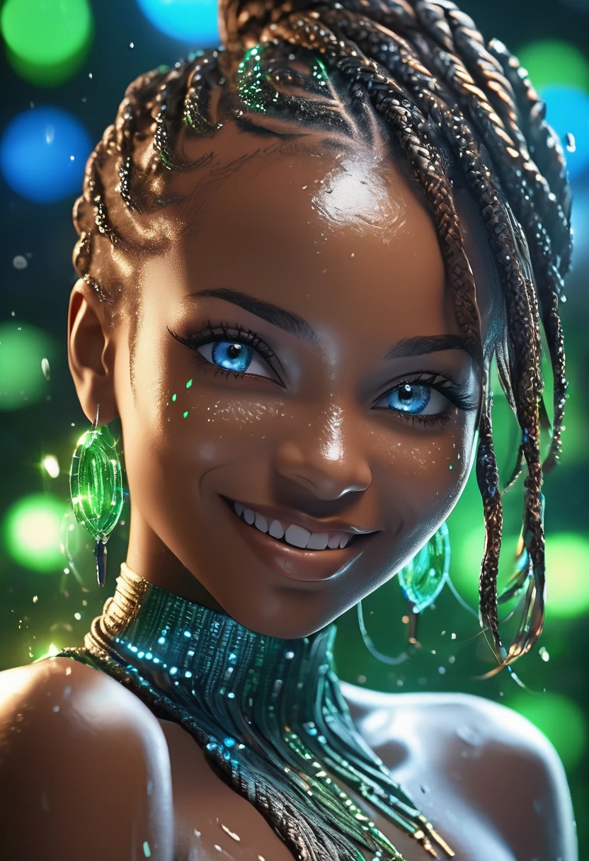 Half body shot of happy beautiful African woman with blue eyes, well made make up on, her hair braided and creating the word "HAPPINESS The word "HAPPINESS" is an extension of her hair. Green light rays shining all over her skin, glittering wet skin, 3d animated image in the style of final fantasy 7, very high detailed and clear image, 32k high definition and high resolution images, unreal engine 5 rendered. Hyper-realistic images with high detailed features providing a viewer with a clear high definition well created masterpiece of art..