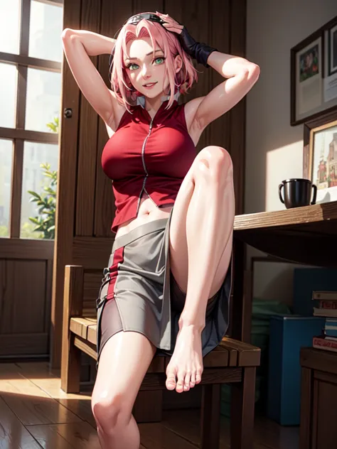 sakura shippuden, red shirt, wrap your legs, skirt, shoes without toes, 검은 속skirt, sleeveless, forehead, green eyes, ยามforehead...