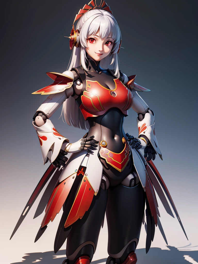 metis,android,robot joints,(extremely detailed CG unity 4k wallpaper),(masterpiece),(best quality),(ultra-detailed),(best illustration),(best shadow),(absurdres),(Simple background), White long hair (Hime cut), Red eyes, Smile, happy, Hands on hips,