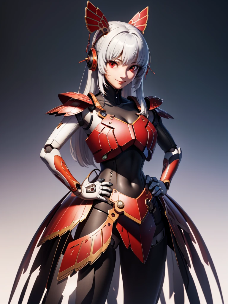 metis,android,robot joints,(extremely detailed CG unity 4k wallpaper),(masterpiece),(best quality),(ultra-detailed),(best illustration),(best shadow),(absurdres),(Simple background), White long hair (Hime cut), Red eyes, Smile, happy, Hands on hips,