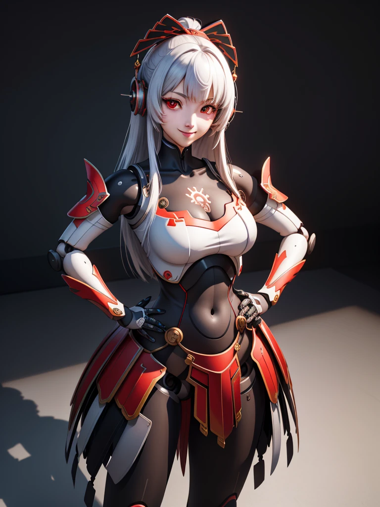 metis,android,robot joints,(extremely detailed CG unity 4k wallpaper),(masterpiece),(best quality),(ultra-detailed),(best illustration),(best shadow),(absurdres),(Simple background), White long hair (Hime cut), Red eyes, Smile, happy, Hands on hips,