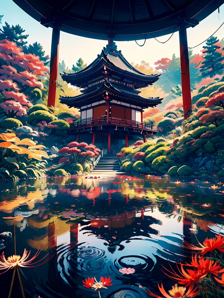 (digitalpainting),(best qualityer), serene japanese garden, red spider lily flowers in full bloom, koi pond, footbridge, pagoda, Ukiyo-e art style, Hokusai Inspiration, Deviant Art popular, ultra-realistic 8k, pastel color scheme, soft lighting, golden hour time, atmosfera tranquila, Landscape orientation, (((tenebrosa, dark, The Shadow, night-time, grim)))
