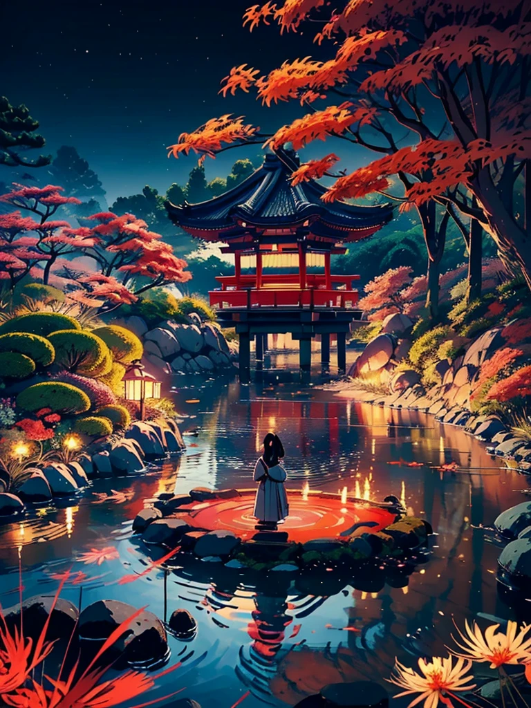 (digitalpainting),(best qualityer), serene japanese garden, red spider lily flowers in full bloom, koi pond, footbridge, pagoda, Ukiyo-e art style, Hokusai Inspiration, Deviant Art popular, ultra-realistic 8k, pastel color scheme, soft lighting, golden hour time, atmosfera tranquila, Landscape orientation, (((tenebrosa, dark, The Shadow, night-time, grim)))
