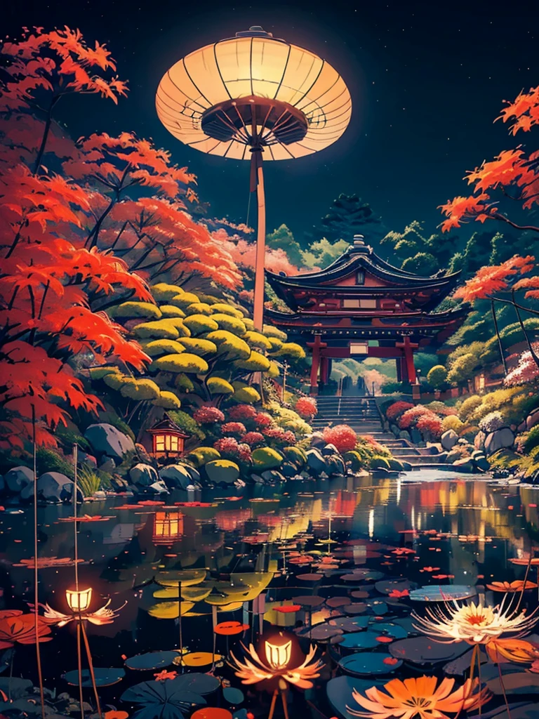 (digitalpainting),(best qualityer), serene japanese garden, red spider lily flowers in full bloom, koi pond, footbridge, pagoda, Ukiyo-e art style, Hokusai Inspiration, Deviant Art popular, ultra-realistic 8k, pastel color scheme, soft lighting, golden hour time, atmosfera tranquila, Landscape orientation, (((tenebrosa, dark, The Shadow, night-time, grim)))
