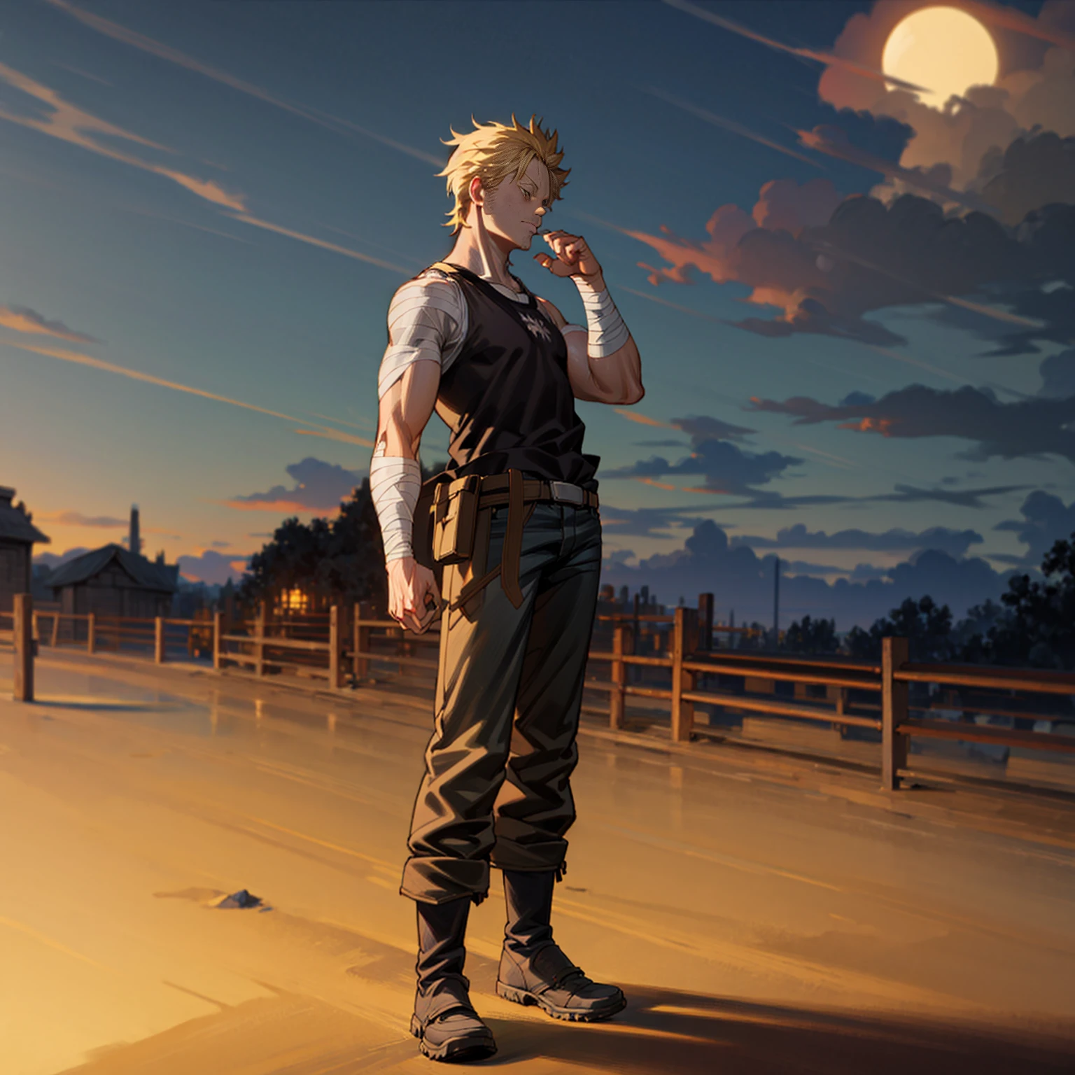 Solo character, full body version, aged man, blonde hair, short haircut, Very tall, black singlet, jeans, bandage, shoes, evening, outdoor, town, (black clover style), big hand, standing gesture 