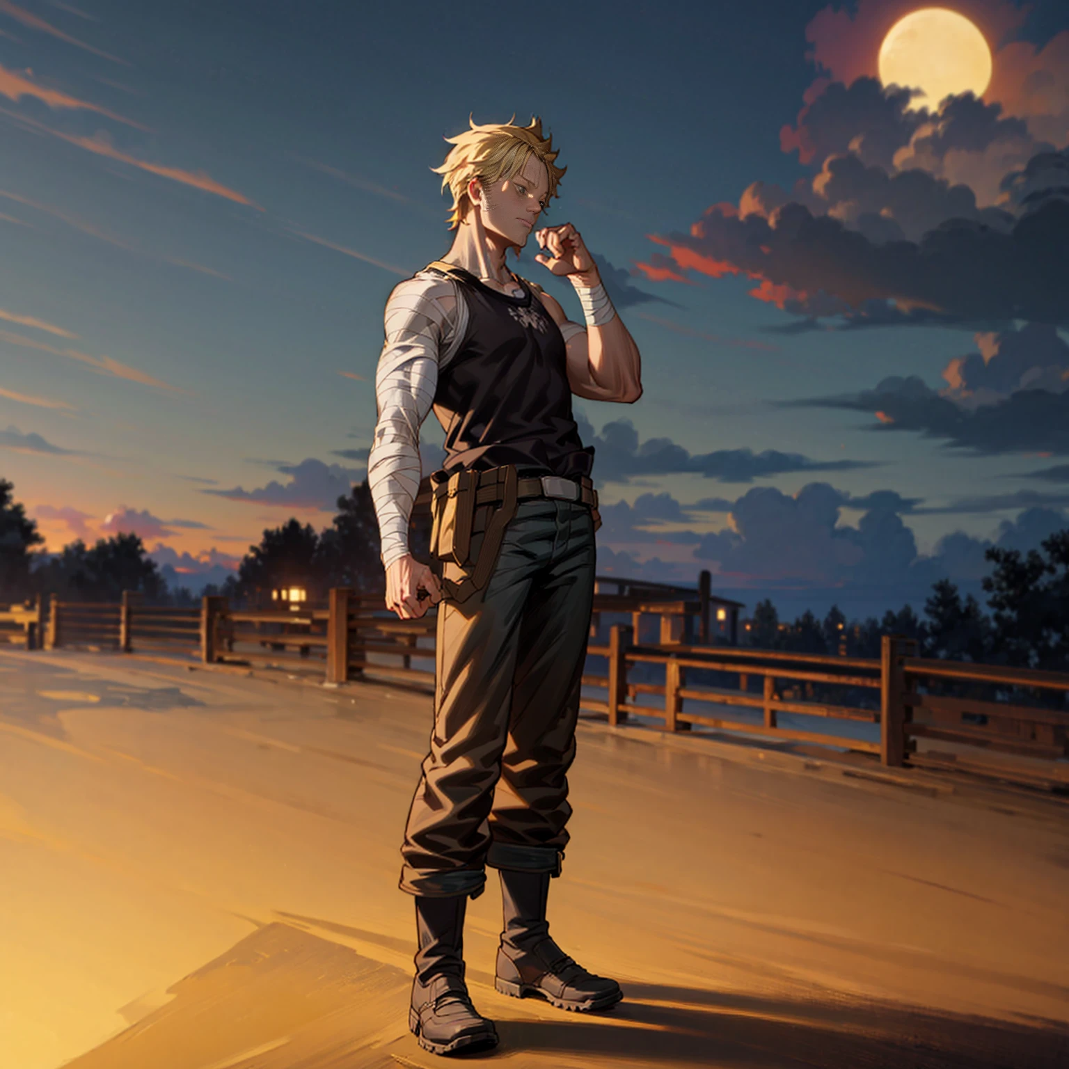 Solo character, full body version, aged man, blonde hair, short haircut, Very tall, black singlet, jeans, bandage, shoes, evening, outdoor, town, (black clover style), big hand, standing gesture 