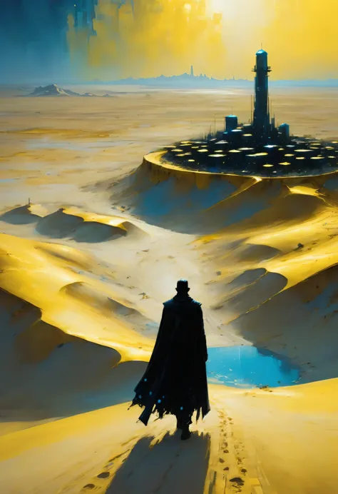 Pixelart por Jeremy Mann, Man in black cape in the yellow desert walking alone finding a new city in the sands at night, mostly ...