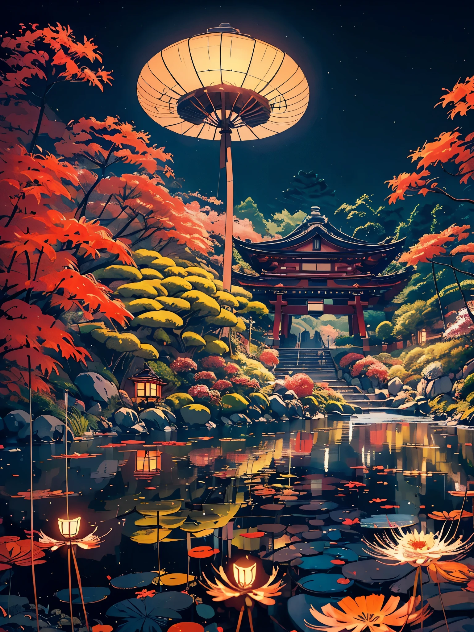 (digitalpainting),(best qualityer), serene japanese garden, red spider lily flowers in full bloom, koi pond, footbridge, pagoda, Ukiyo-e art style, Hokusai Inspiration, Deviant Art popular, ultra-realistic 8k, pastel color scheme, soft lighting, golden hour time, atmosfera tranquila, Landscape orientation, (((tenebrosa, dark, The Shadow, night-time, grim)))
