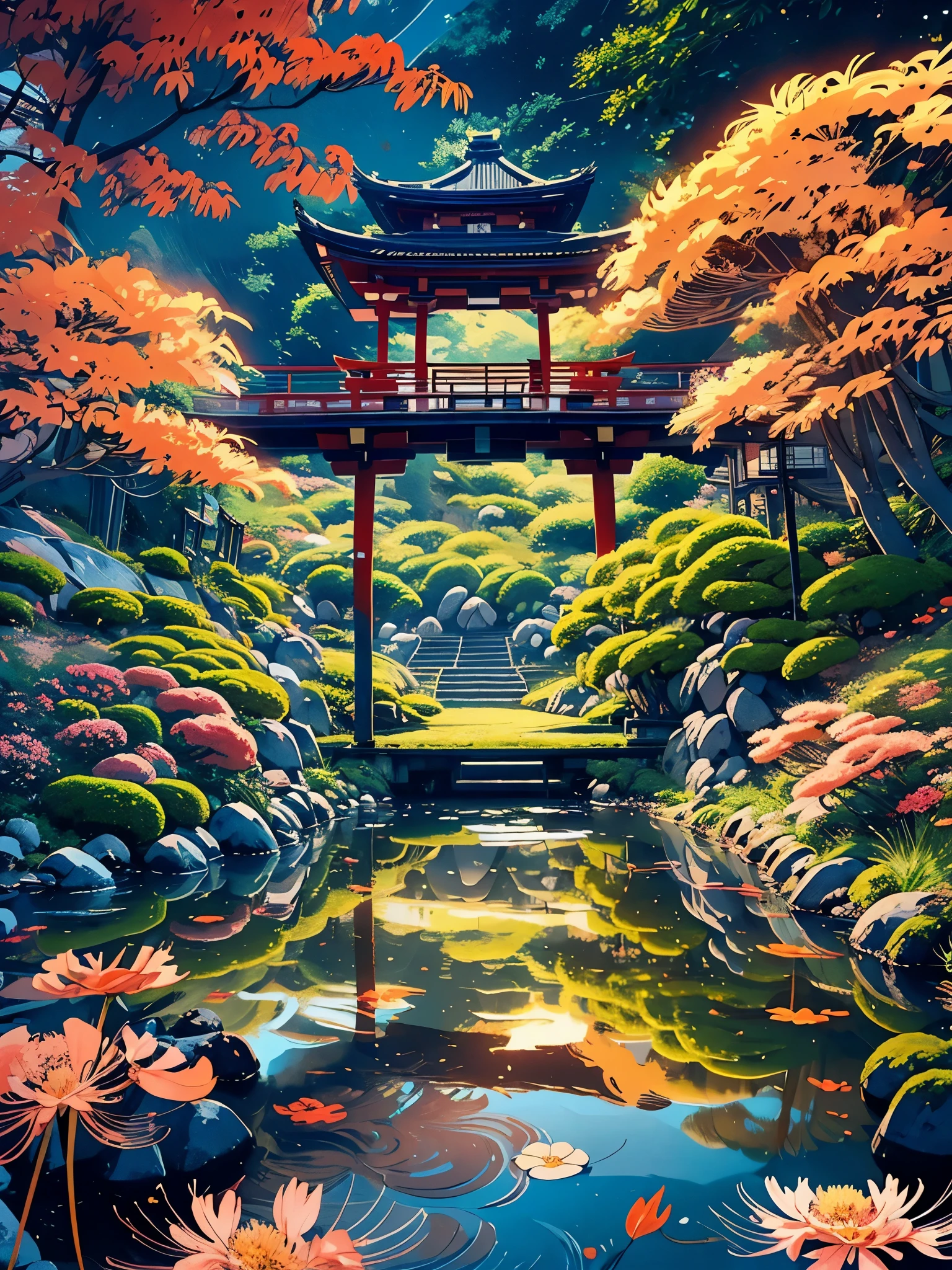 (digitalpainting),(best qualityer), serene japanese garden, spider lily flowers in full bloom, koi pond, footbridge, pagoda, Ukiyo-e art style, Hokusai Inspiration, Deviant Art popular, ultra-realistic 8k, pastel color scheme, soft lighting, golden hour time, atmosfera tranquila, Landscape orientation