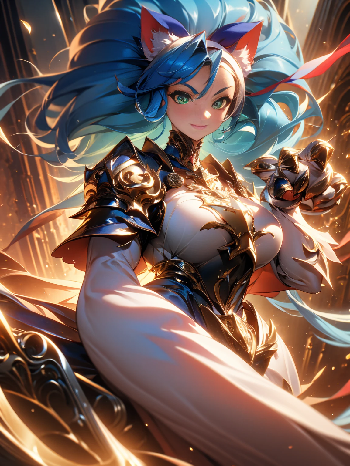 ((Masterpiece, Best Quality, anime style)), Felicia, Blue hair, Green eyes, cat eyes, Cat tail, busty, big breasts, big ass, happy, smile, kicking, giving a kick, sexy white plate armor, gauntlets armors, graves armors, lewd, in a medieval city, illustration, ultra-detailed 8K, clear focus, highly detailed, professional lighting, colorful details, colors BREAK,