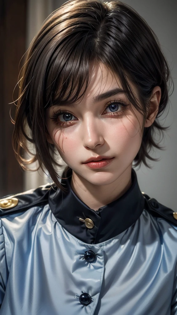 ((Beautiful Face:1.6)), (Purelos Face_v1: 1.0), Half Body,(Highest Resolution, clear_image) Highest quality, Single, One Woman, alone, masterpiece, Very detailed, Semi-realistic, Black short hair, Black Hair, bangs, 18-year-old, mature, light blue uniform, uniform, Indoor Background, kind, Authoritative, Powerful, Exquisite facial features, Exquisite facial features,((Natural big breasts:1.4))