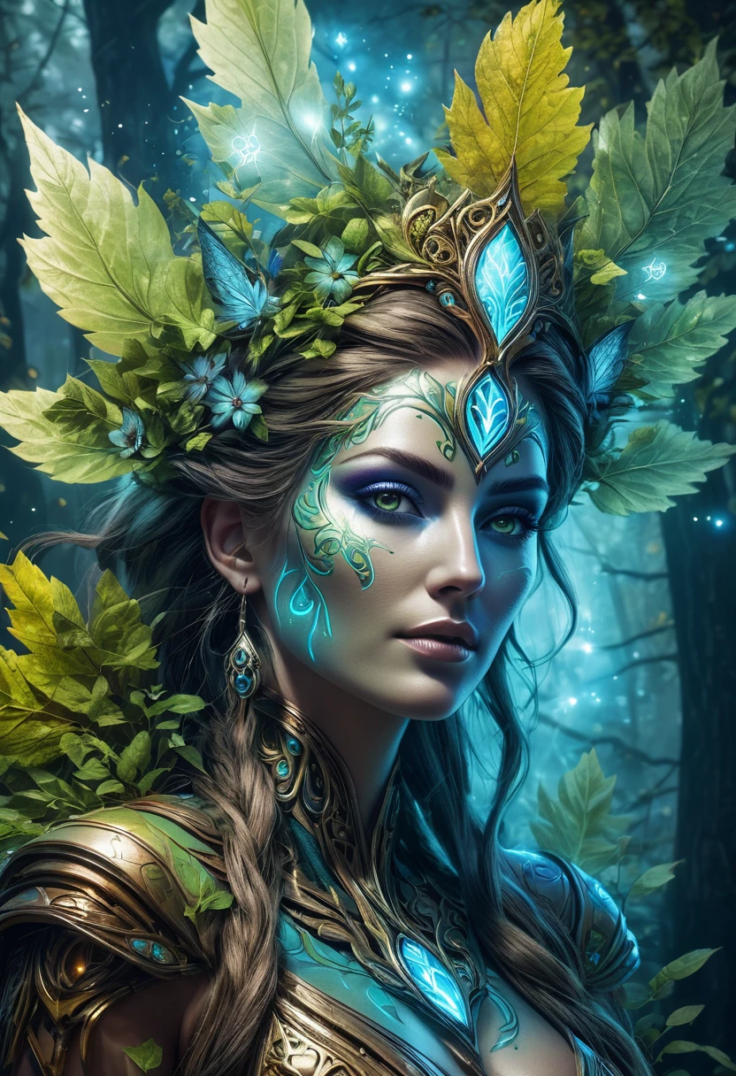 Fairy Photography, Lovely, crawl, (Perfect face: 1.1), (Unbelievable face: 1.2), Intricate details, realism, Colorful Cyberpunk, Luminescence, Nebula and fractal patterns on wooden background, Gorgeous, Leaves, Druid, Spriggan, Dryad, Druidic
