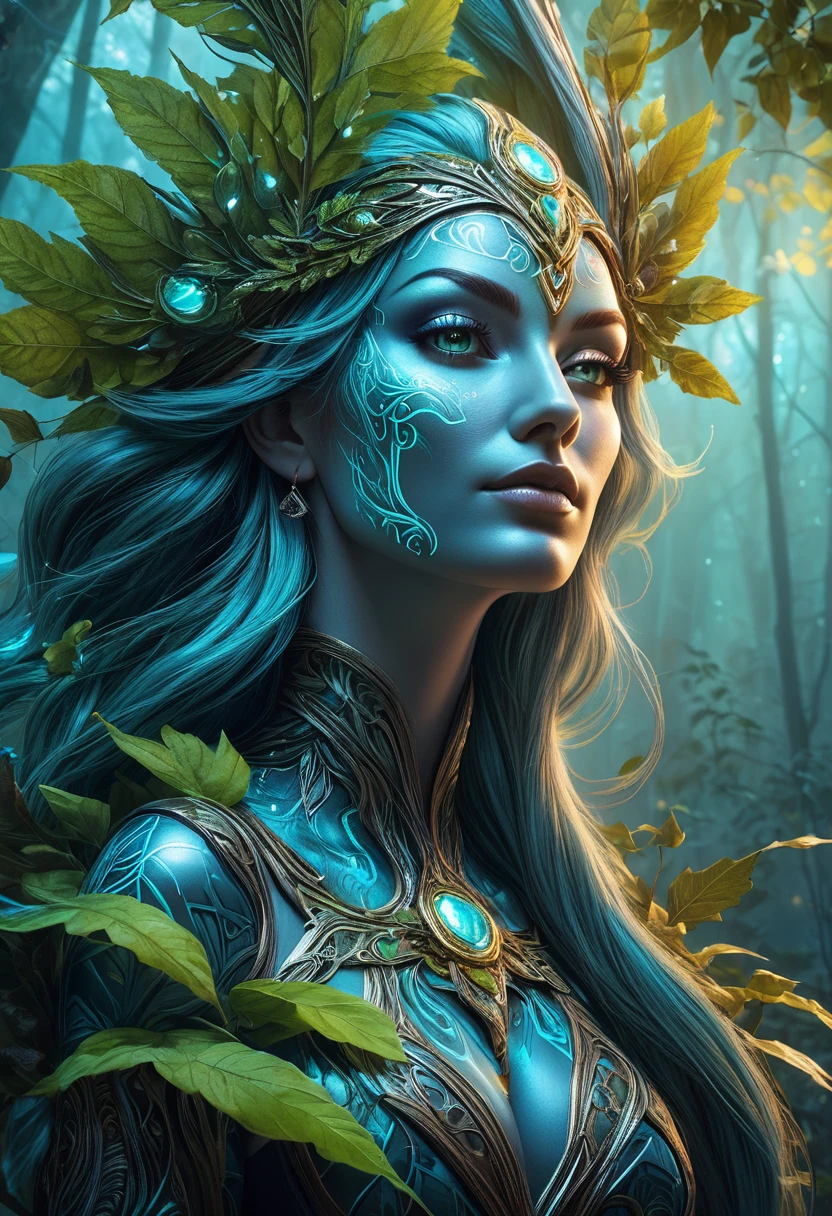 Fairy Photography, Lovely, crawl, (Perfect face: 1.1), (Unbelievable face: 1.2), Intricate details, realism, Colorful Cyberpunk, Luminescence, Nebula and fractal patterns on wooden background, Gorgeous, Leaves, Druid, Spriggan, Dryad, Druidic
