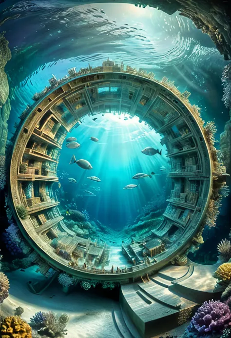 an ancient underwater city resembling a circular kaleidoscope, surprising discoveries, shading effects, gradation magic effects,...