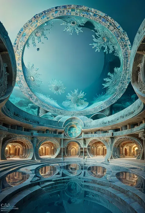 an ancient underwater city resembling a circular kaleidoscope, surprising discoveries, shading effects, gradation magic effects,...