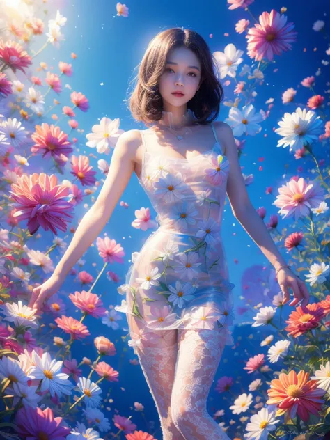 movie photo solo,1 girl,,lace-edged_skirt,two colors_pantyhose,big breasts,(colored hair:0.1),beautiful girl standing on flowers...