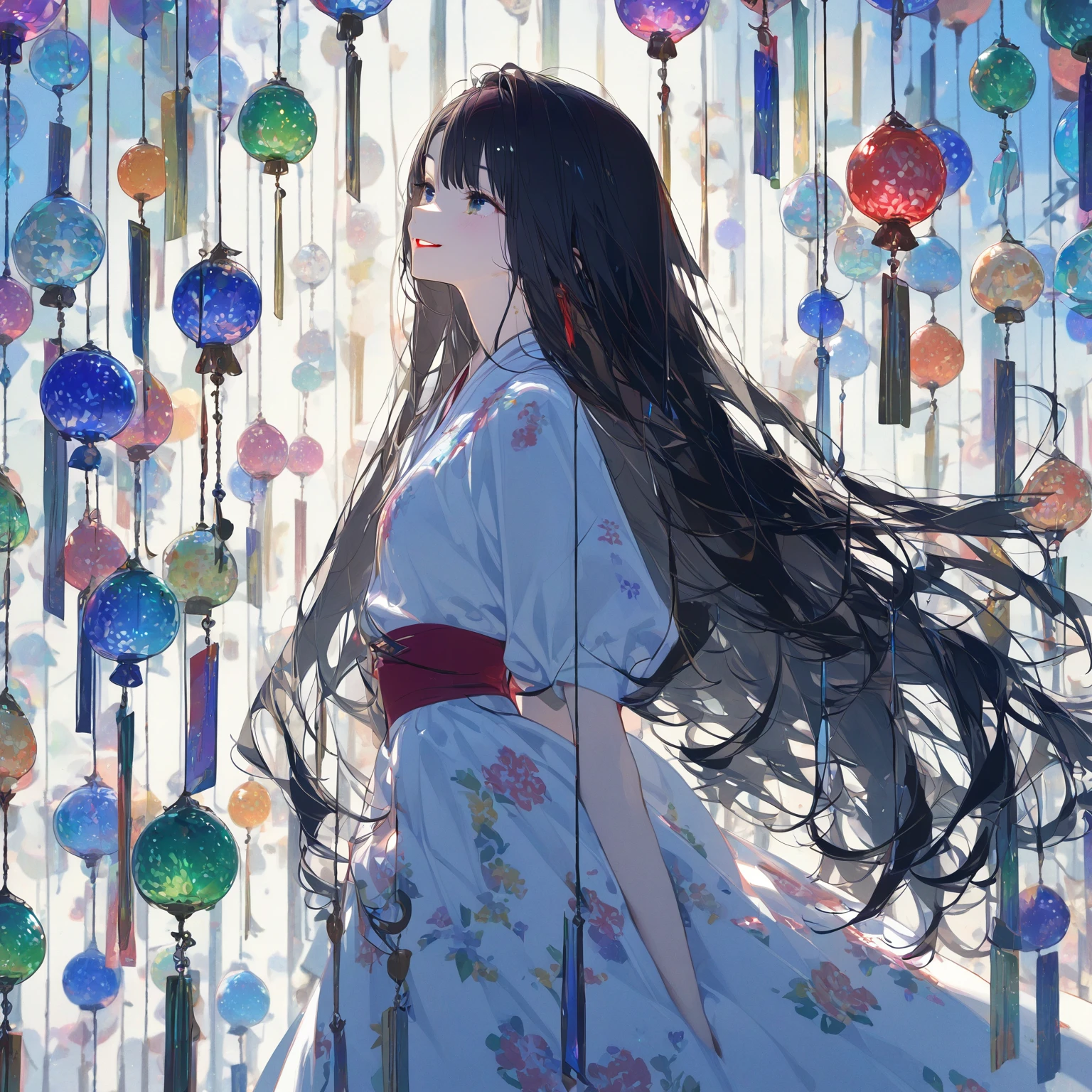 1girl, 独奏, 17yo, cute, pretty, beautiful, black long straight hair, arranged bangs, Beautiful eyes、Red lips、White dress, Flower pattern colorful glass wind chime, smiling, look up,Backlight、masterpiece, best quality, super-fine illustration, official art, 8k,