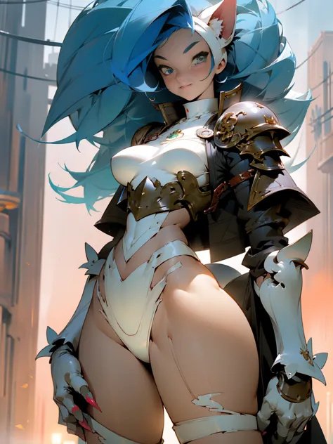 ((masterpiece, best quality, anime style)), felicia, blue hair, green eyes, cat eyes, cat tail, busty, big breasts, big ass, hap...