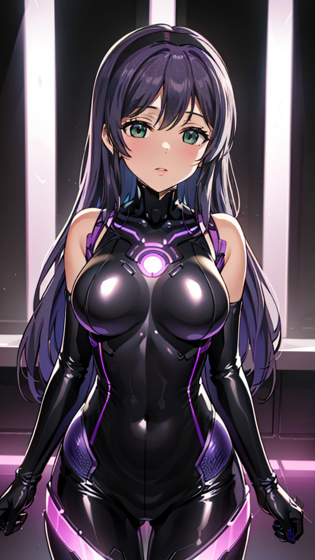 1 girl,Browsing Caution,Nozomi Tojo, (lovelive), VR Visor, clavicle, Absurd, brainwashing,Combatant, Hollow Eyes,((Purple glowing eyes 1.8)), ( Big Tits 1.2 ), ((stand up, Stand in Honor)), Expressionless, Emotions are removed,((Black bodysuit)),avert your eyes , whole body shape,(Highest quality、4K、8k、High resolution、Must have:1.2)、Very detailed、(reality、that&#39;s reality的、reality的:1.37)、Ticker、Hyper HD、Studio Lighting、Ultra High Definition Paint、Sharp focus、Physically Based Rendering、Extreme Detail、Professional specifications、Vibrancy and color、Blurred、Sports portrait、landscape、Horror Style、Anime Big Tits、sf、photograph、Concept Artist、Five Fingers, Perfect body,  {{{masterpiece}}}, {{{Highest quality}}}, {{Very detailed}}, {shape}, {{Very delicate and beautiful}},Improved cost performance、All Roles、Canon 5D MK4でphotograph、photograph, 