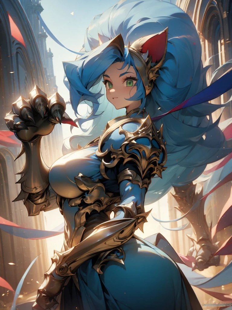 ((Masterpiece, Best Quality, anime style)), Felicia, Blue hair, Green eyes, cat eyes, Cat tail, busty, big breasts, big ass, happy, smile, sexy white plate armor, gauntlets armors, graves armors, lewd, in a medieval city, illustration, ultra-detailed 8K, clear focus, highly detailed, professional lighting, colorful details, colors BREAK,