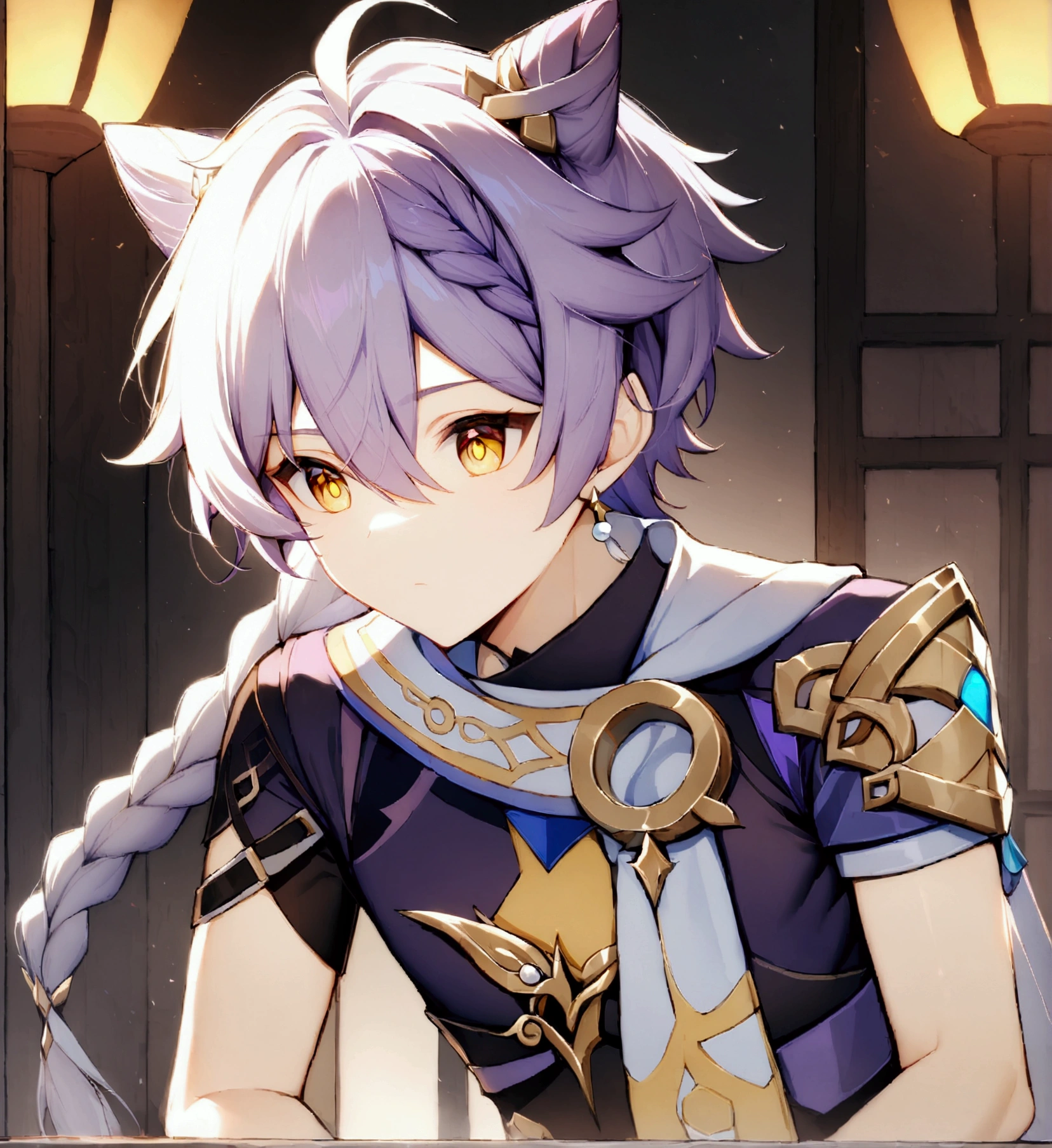 1 boy and 1 , ether \(impacto genshin\), male focus, standing alone, hair blonde, yellow  eyes, Ahoge, bangss, single braid, hair between eyes BREAK 1girl purple hair, hair ornament, twintails, Cat ears hairstyle, keqing