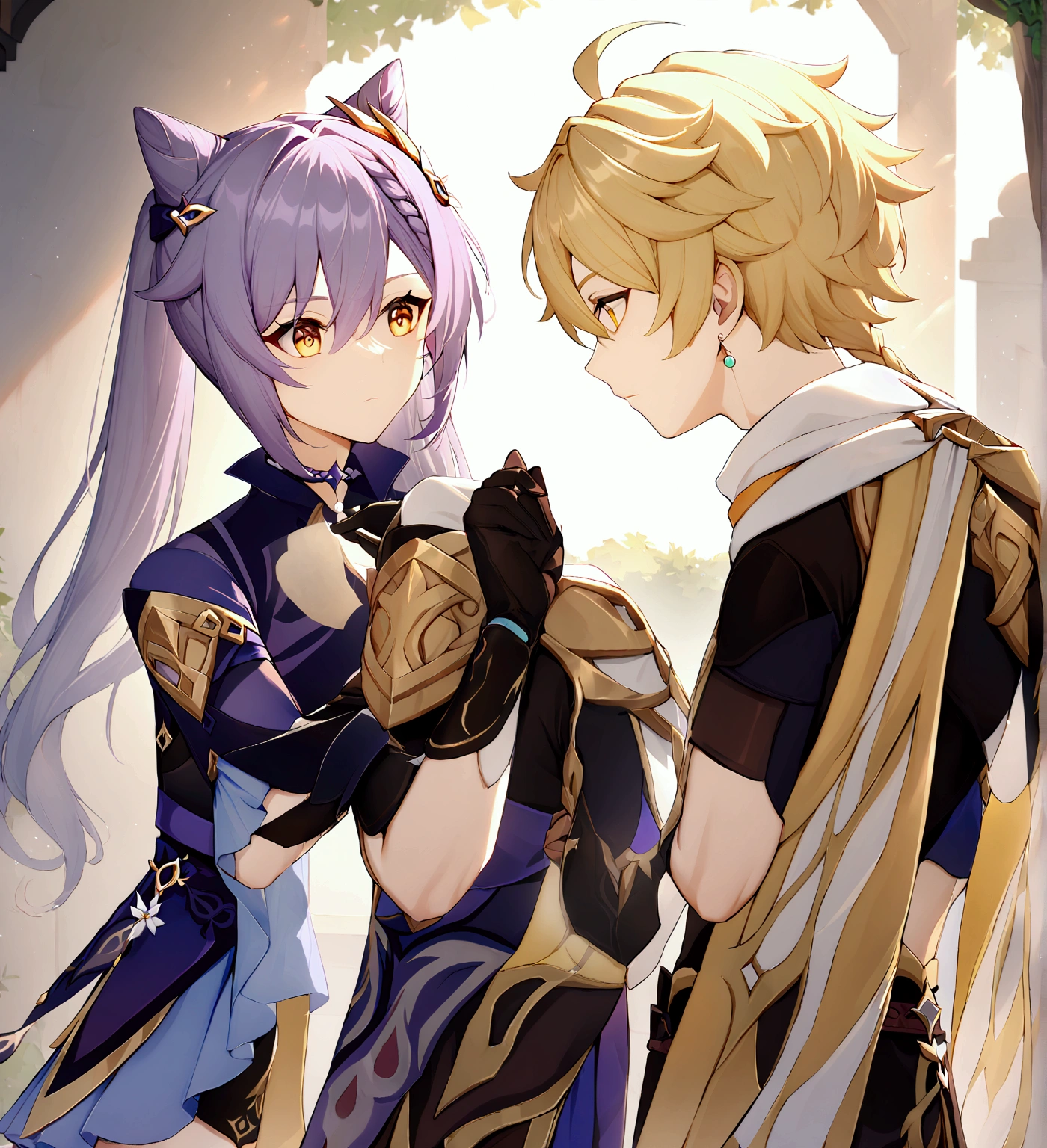 1 boy and 1 , ether \(impacto genshin\), male focus, standing alone, hair blonde, yellow  eyes, Ahoge, bangss, single braid, hair between eyes BREAK 1girl purple hair, hair ornament, twintails, Cat ears hairstyle, keqing