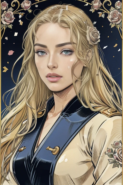 (A girl in a garden, beautiful detailed eyes, beautiful detailed lips, extremely detailed eyes and face, long eyelashes, beautiful woman with long blonde hair, blue eyes, long blonde hair blowing in the wind, muscular slender body, flexible body, blue military uniform from the French Revolutionary era, holding a rapier, captivating, sensual, inspired by Le Chevalier, Pixiv, Confetti, flower confetti, Sengoku period art style, high resolution details, lustrous hair details, moisturized skin details, beautiful face details, detailed outfit, rapier details, land of roses, Shigenori Soejima illustration)