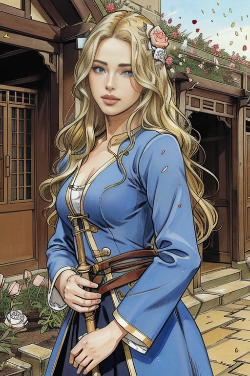 (A girl in a garden, beautiful detailed eyes, beautiful detailed lips, extremely detailed eyes and face, long eyelashes, beautiful woman with long blonde hair, blue eyes, long blonde hair blowing in the wind, muscular slender body, flexible body, blue military uniform from the French Revolutionary era, holding a rapier, captivating, sensual, inspired by Le Chevalier, Pixiv, Confetti, flower confetti, Sengoku period art style, high resolution details, lustrous hair details, moisturized skin details, beautiful face details, detailed outfit, rapier details, land of roses, Shigenori Soejima illustration)