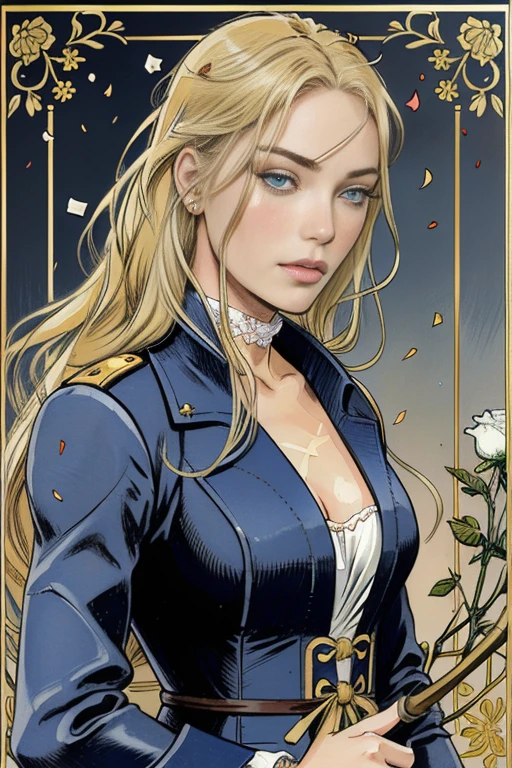 (A girl in a garden, beautiful detailed eyes, beautiful detailed lips, extremely detailed eyes and face, long eyelashes, beautiful woman with long blonde hair, blue eyes, long blonde hair blowing in the wind, muscular slender body, flexible body, blue military uniform from the French Revolutionary era, holding a rapier, captivating, sensual, inspired by Le Chevalier, Pixiv, Confetti, flower confetti, Sengoku period art style, high resolution details, lustrous hair details, moisturized skin details, beautiful face details, detailed outfit, rapier details, land of roses, Shigenori Soejima illustration)