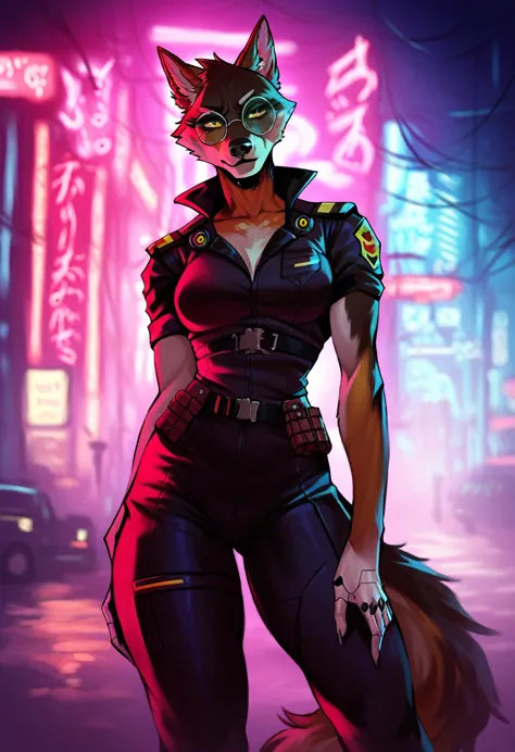 a cyberpunk anthropomorphic black wolf policeman,wearing red round glasses,cyberpunk clothes,standing in a cyberpunk alley,shoot...