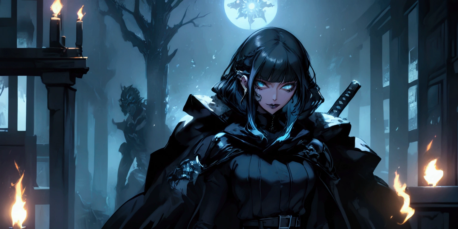 a ninja girl in demon slayer outfit, detailed black cape, heavy detailed clothes, close up, detailed demon slayer background, dark fantasy, (best quality,4k,8k,highres,masterpiece:1.2),ultra-detailed,1girl,beautiful detailed eyes,beautiful detailed lips,extremely detailed eyes and face,longeyelashes,digital painting,oil painting,cinematic lighting,dramatic lighting,moody lighting,dark mood,dramatic contrast,dark fantasy art,highly detailed,hyper realistic,intricate details,gothic,dark colors,muted colors