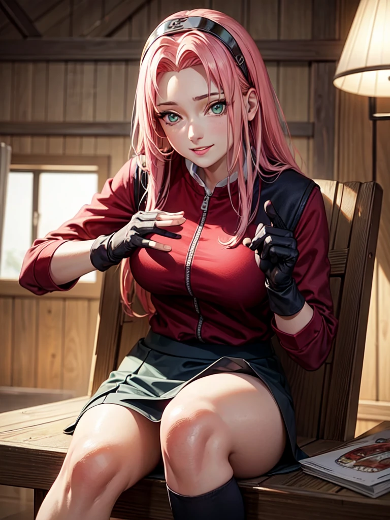 Sakura Shippuden, red shirt, Wrap your legs, skirt, Shoes without toes, 검은 속skirt, Sleeveless, forehead, green eyes, ยามforehead, black gloves, perfect, Masterpiece, (best quality, mackerel:1.2), 1 woman, Beautiful and delicate eyes, Beautiful and delicate lips, Highly detailed eyes and face, Long eyelashes, center:oil painting, bright colors, HDR, studio lighting, Very detailed drawings, Sharp focus, Physical rendering, Very detailed explanation, Portrait, ((Organized fingers)), attractive body, big breasts:1.3, perfect 모양, Facing the audience, difficult, That's cool., sitting astride., smile, Navelism of Minimalism, Masterpiece. 