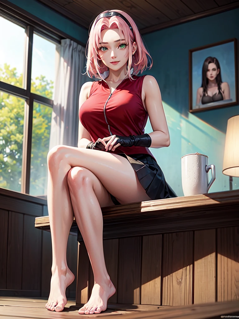 Sakura Shippuden, red shirt, Wrap your legs, skirt, Shoes without toes, 검은 속skirt, Sleeveless, forehead, green eyes, ยามforehead, black gloves, perfect, Masterpiece, (best quality, mackerel:1.2), 1 woman, Beautiful and delicate eyes, Beautiful and delicate lips, Highly detailed eyes and face, Long eyelashes, center:oil painting, bright colors, HDR, studio lighting, Very detailed drawings, Sharp focus, Physical rendering, Very detailed explanation, Portrait, ((Organized fingers)), attractive body, big breasts:1.3, perfect 모양, Facing the audience, difficult, That's cool., sitting astride., smile, Navelism of Minimalism, Masterpiece. 