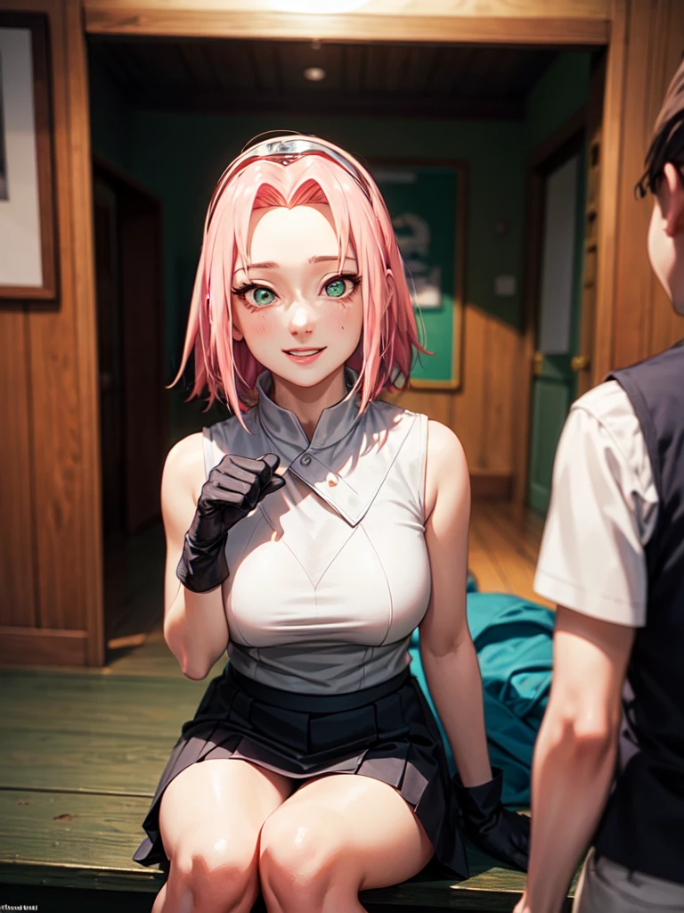 Sakura Shippuden, red shirt, Wrap your legs, skirt, Shoes without toes, 검은 속skirt, Sleeveless, forehead, green eyes, ยามforehead, black gloves, perfect, Masterpiece, (best quality, mackerel:1.2), 1 woman, Beautiful and delicate eyes, Beautiful and delicate lips, Highly detailed eyes and face, Long eyelashes, center:oil painting, bright colors, HDR, studio lighting, Very detailed drawings, Sharp focus, Physical rendering, Very detailed explanation, Portrait, ((Organized fingers)), attractive body, big breasts:1.3, perfect 모양, Facing the audience, difficult, That's cool., sitting astride., smile, Navelism of Minimalism, Masterpiece. 