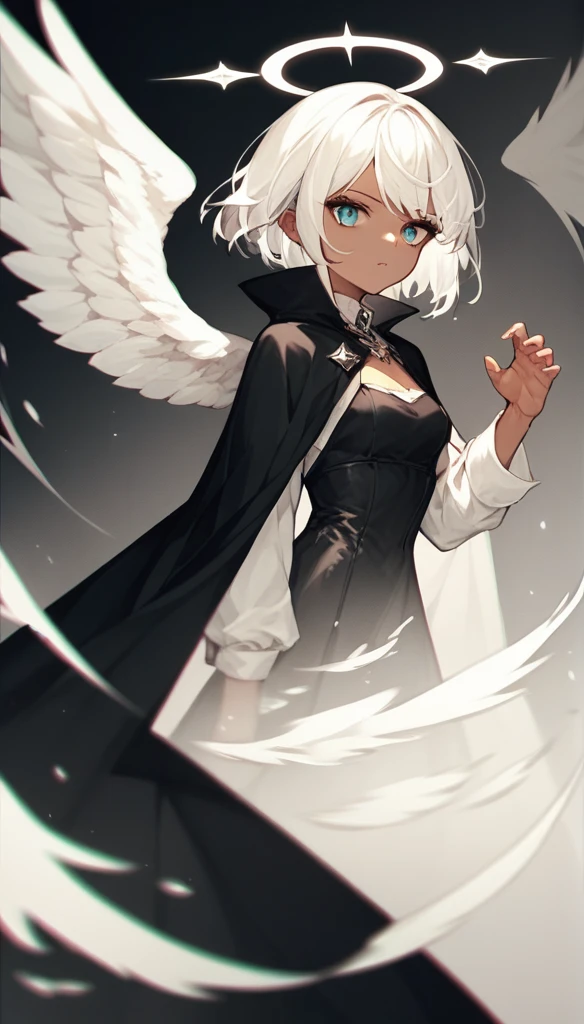 an angel with dark skin, white wings, black dress with a small neckline, black cape, long straight white hair, cbangs.  dramatic pose, moody color palette, volumetric light effects