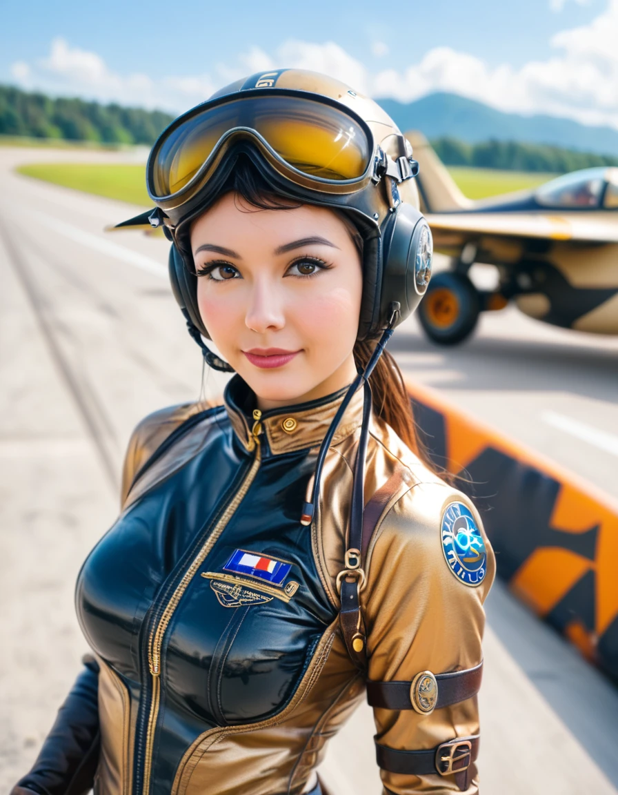 score_9、score_8_top、score_7_top、score_6_top、score_5_top、score_4_top、The world of steampunk、Female fighter pilot、A revealing pilot suit、Helmet、goggles、gloves、Runway and fighter jets in the background、photo、