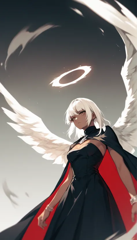 an angel with dark skin, white wings, black dress with a small neckline, black cape, long straight white hair, bangs.  dramatic ...