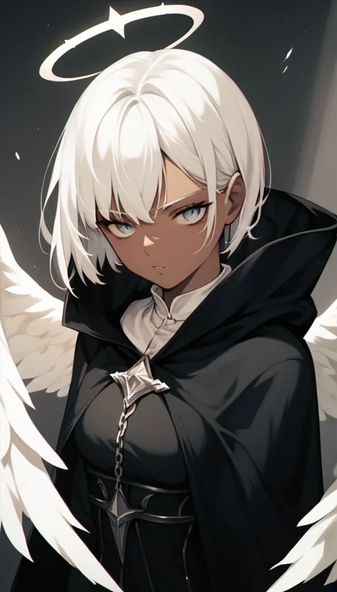 an angel with dark skin, white wings, black dress with a small neckline, black cape, long straight white hair, bangs.  dramatic ...