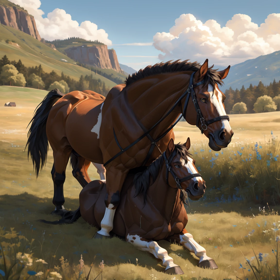 a herd of wild horses, a male and female horse, horse pussy, horse cock, pussy juice, grass meadow, large ass, stallion fucking mare, (best quality,4k,8k,highres,masterpiece:1.2),ultra-detailed,(realistic,photorealistic,photo-realistic:1.37),highly detailed, intricate details, photorealistic, 8k, hyperrealistic, ultra realistic, hyper detailed, extremely detailed, extremely detailed horse anatomy, extremely detailed horse genitals, extremely detailed horse sex, extremely detailed horse breeding, extremely detailed horse mating, lush green meadow, natural lighting, natural environment, outdoor setting, dynamic action pose, dramatic composition, vivid colors, warm color palette