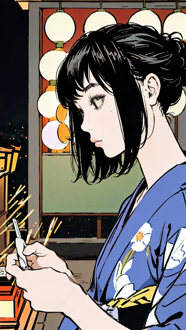 A fair-skinned girl in a traditional Japanese yukata, her black hair in a profile view, standing in a shrine at night, surrounded by the warm glow of lanterns and the vibrant colors of fireworks exploding in the sky above Mount Fuji.

(best quality,4k,8k,highres,masterpiece:1.2),ultra-detailed,(realistic,photorealistic,photo-realistic:1.37),1girl,fair skin,black hair,profile,yukata,shrine,night,lantern light,hanabi,mt.fuji,fireworks,detailed eyes,detailed lips,extremely detailed face,long eyelashes,cinematic lighting,warm color tones,stunning scenery,intricate details