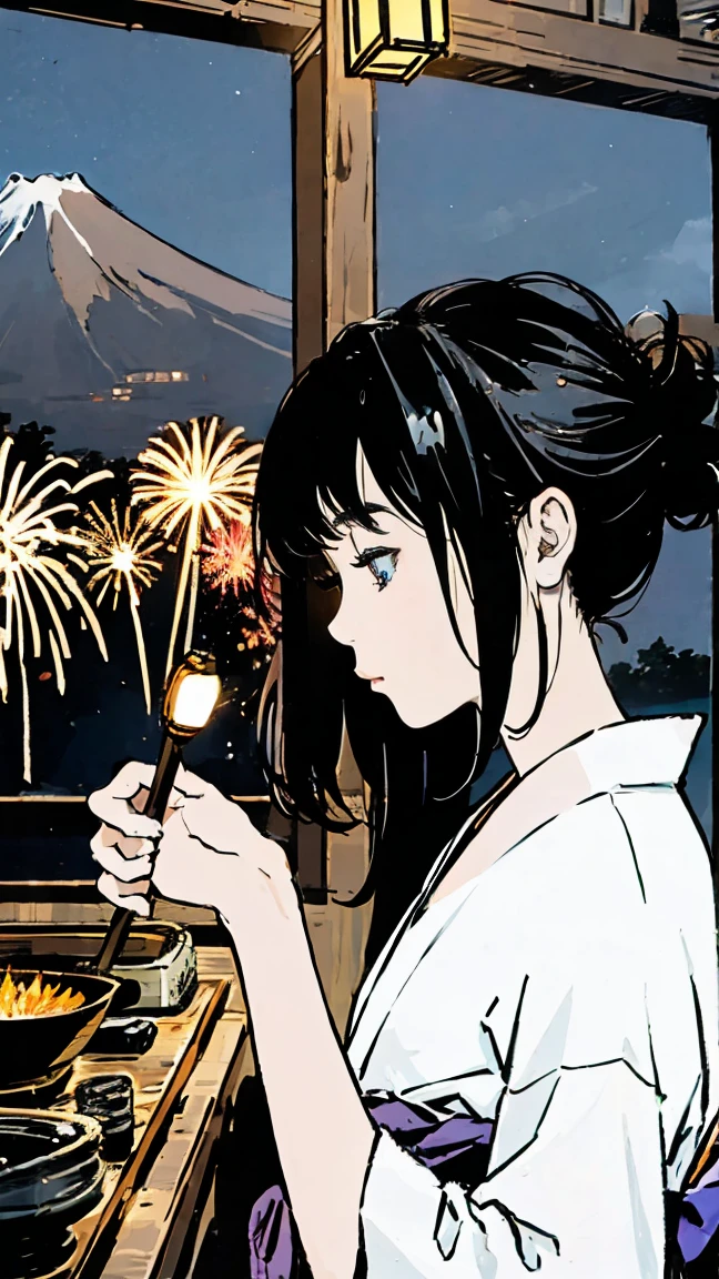 équitable、tombeau、Yukata、cheveux noirs、profil、Raccourcis、fille、nuit、lumière de la lanterne、Hanabi、Mont.Fuji、feux d&#39;artifice