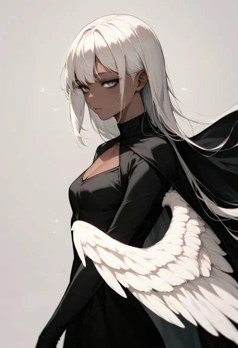 an angel with dark skin, white wings, black dress with a small neckline, black cape, long straight white hair bangs.  dramatic p...