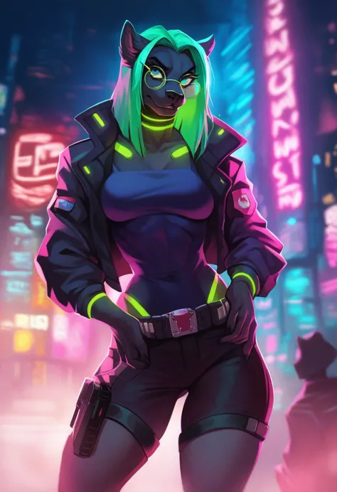 a cyberpunk anthropomorphic black panther policewoman, wearing round green glasses, cyberpunk clothes,standing in a cyberpunk al...