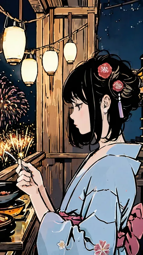 fair、shrine、yukata、Black Hair、profile、Shortcuts、Girl、night、Lantern Light、hanabi、mt.fuji、Fireworks
