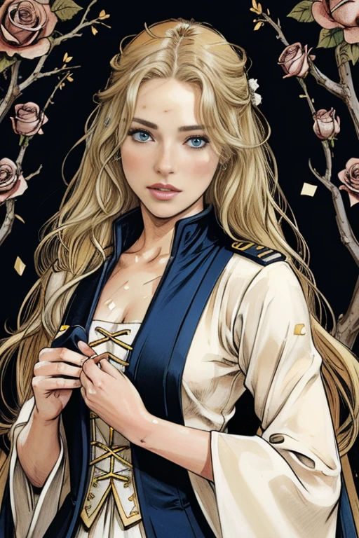 A girl in a garden, beautiful detailed eyes, beautiful detailed lips, extremely detailed eyes and face, long eyelashes, beautiful woman with long blonde hair, blue eyes, long blonde hair blowing in the wind, muscular slender body, flexible body, blue military uniform from the French Revolutionary era, holding a rapier, captivating, sensual, inspired by Le Chevalier, Pixiv, Confetti, flower confetti, Sengoku period art style, high resolution details, lustrous hair details, moisturized skin details, beautiful face details, detailed outfit, rapier details, land of roses, Shigenori Soejima illustration