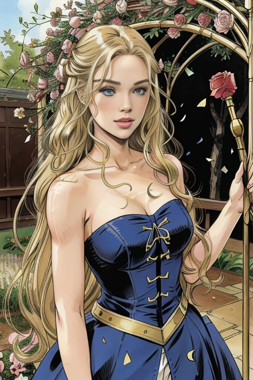 A girl in a garden, beautiful detailed eyes, beautiful detailed lips, extremely detailed eyes and face, long eyelashes, beautiful woman with long blonde hair, blue eyes, long blonde hair blowing in the wind, muscular slender body, flexible body, blue military uniform from the French Revolutionary era, holding a rapier, captivating, sensual, inspired by Le Chevalier, Pixiv, Confetti, flower confetti, Sengoku period art style, high resolution details, lustrous hair details, moisturized skin details, beautiful face details, detailed outfit, rapier details, land of roses, Shigenori Soejima illustration